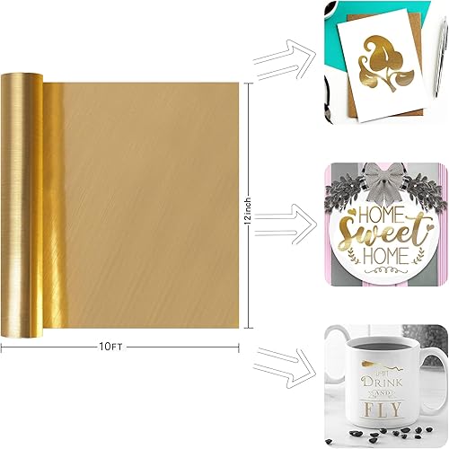 Vista 2 de Prime Vinyl Vinilo permanente, vinilo dorado cepillado compatible con máquina de corte, rollo adhesivo metálico de 12 pulgadas x 10 pies para tazas