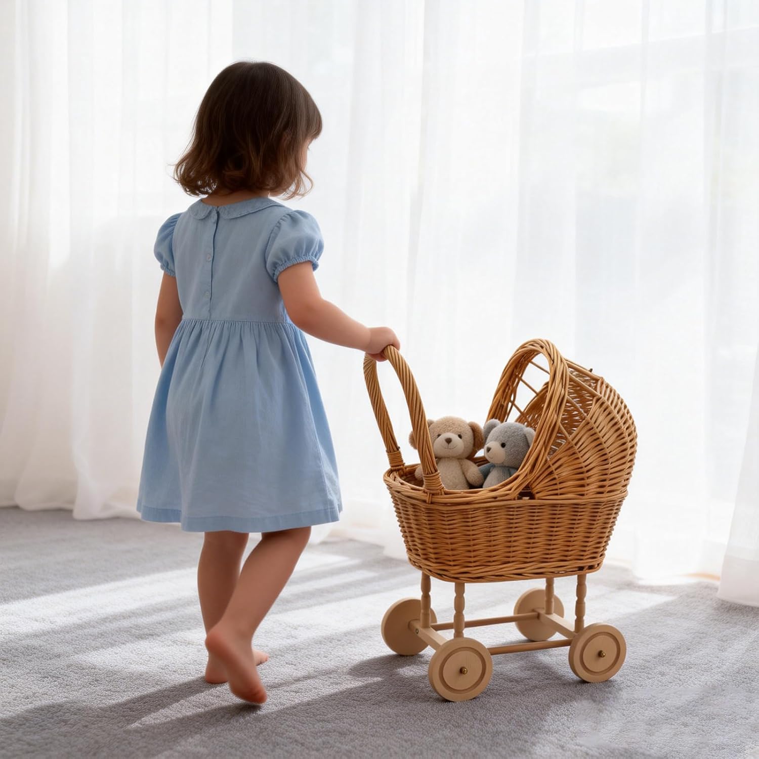 Handwoven Rattan Flower Basket on Wheels – Vintage Stroller-Style Wicker Planter for Fresh Flowers, Baby Gift, Wedding Decor, & Rustic Home Accent