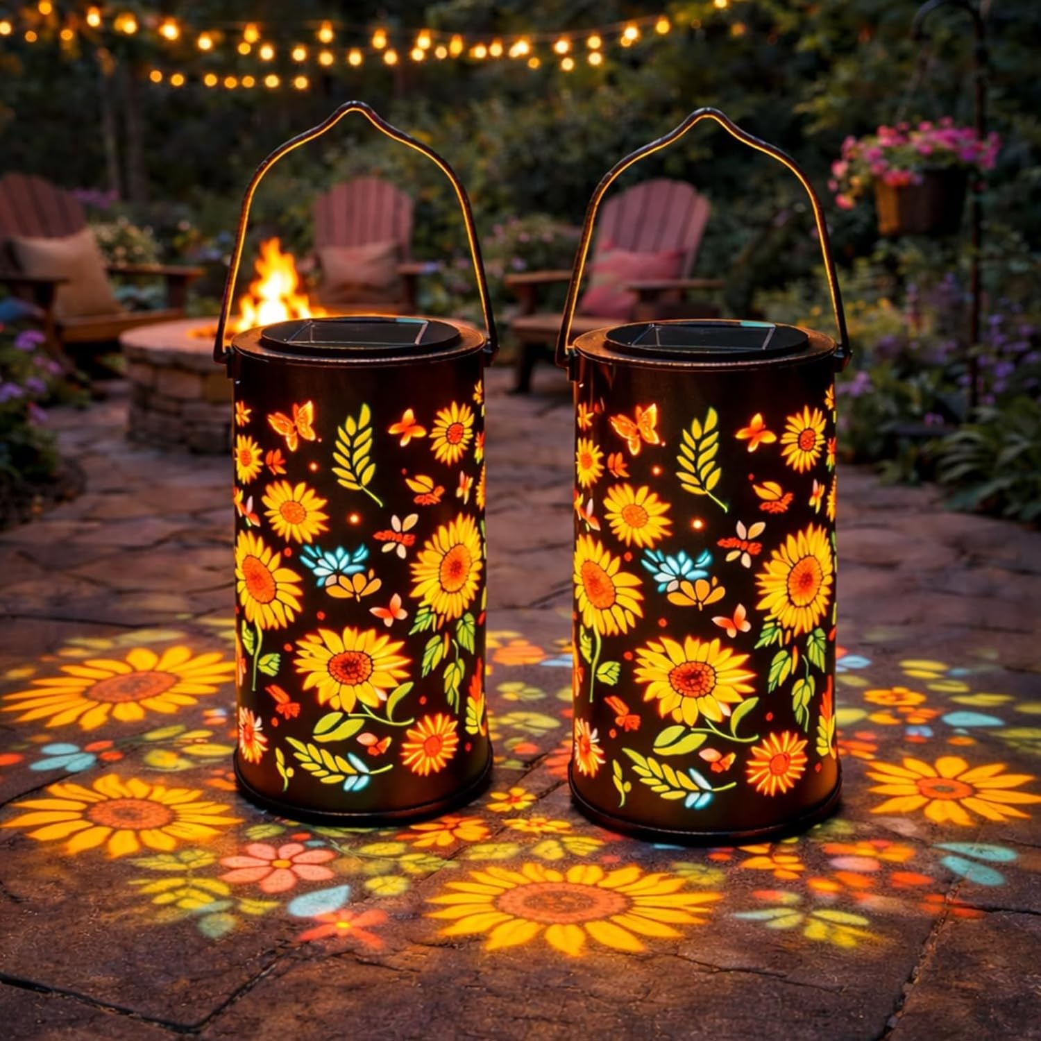 Gresonic 2pack Colourful Sunflower Solar Garden Lantern, Waterproof Hanging Metal Lantern with Colour Projection, Outdoor Decor Light for Patio Yard Porch Garden Decor & Gifts