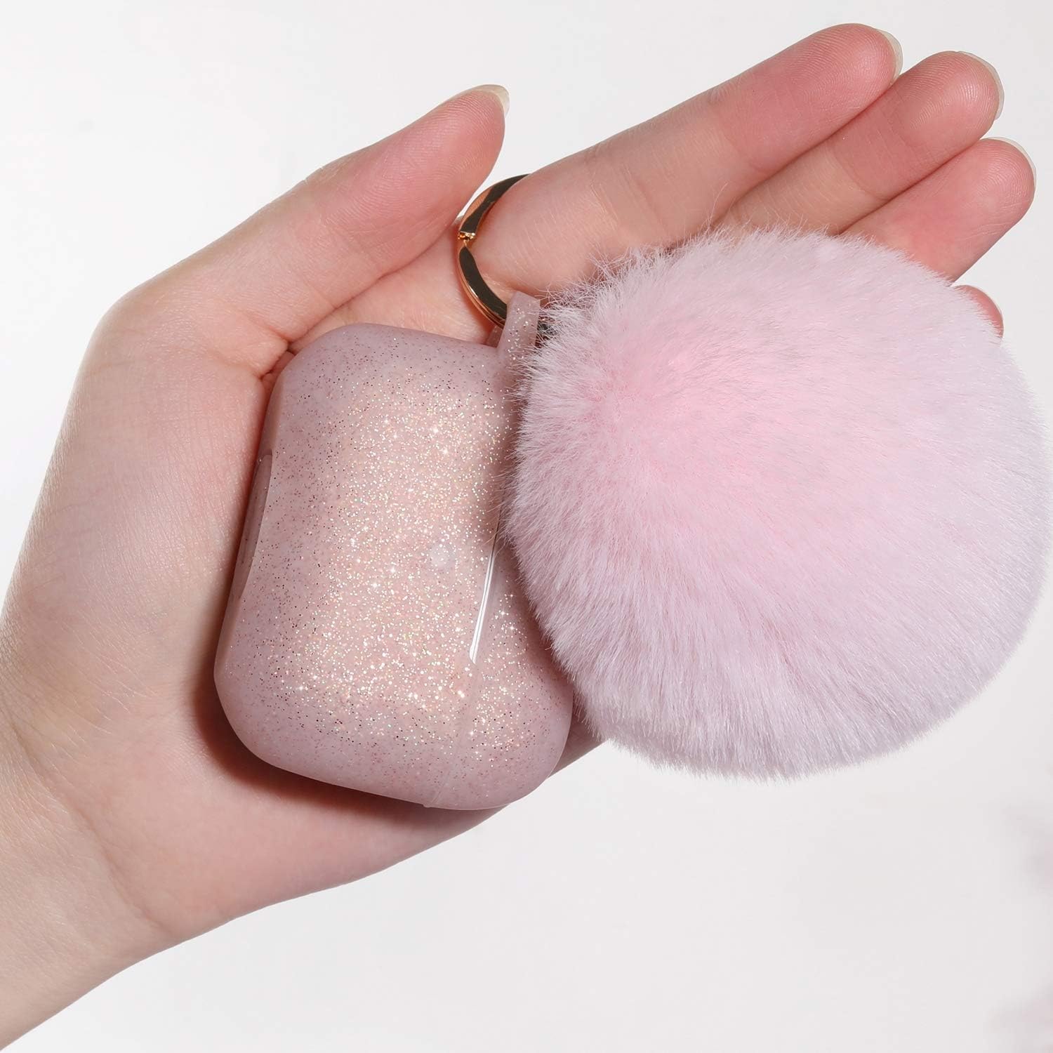 Witzon Compatible for AirPods Pro Case Silicone Cover with Cute Fur Ball Keychain Accessories Replacement Protective Cases for Apple AirPod Pro Women Girls, Glitter Rose Pink/Pink