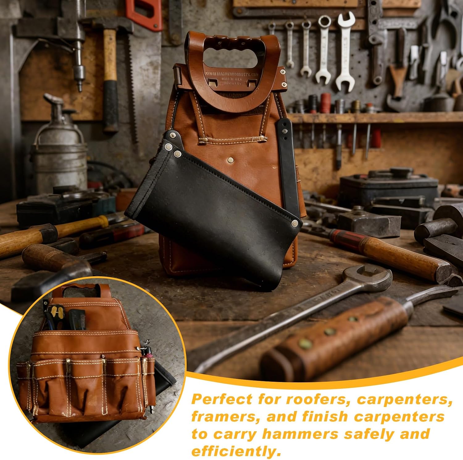 Yaocom Leather Hammer Sleeve Kit, 10 x 5 Inch Adjustable Hammer Holster Holder for Tool Belt, with Flat Head Rivets and Washers, for Roofer, Carpenter Holds Hatchet, Mallet, Plier, and Screwdriver