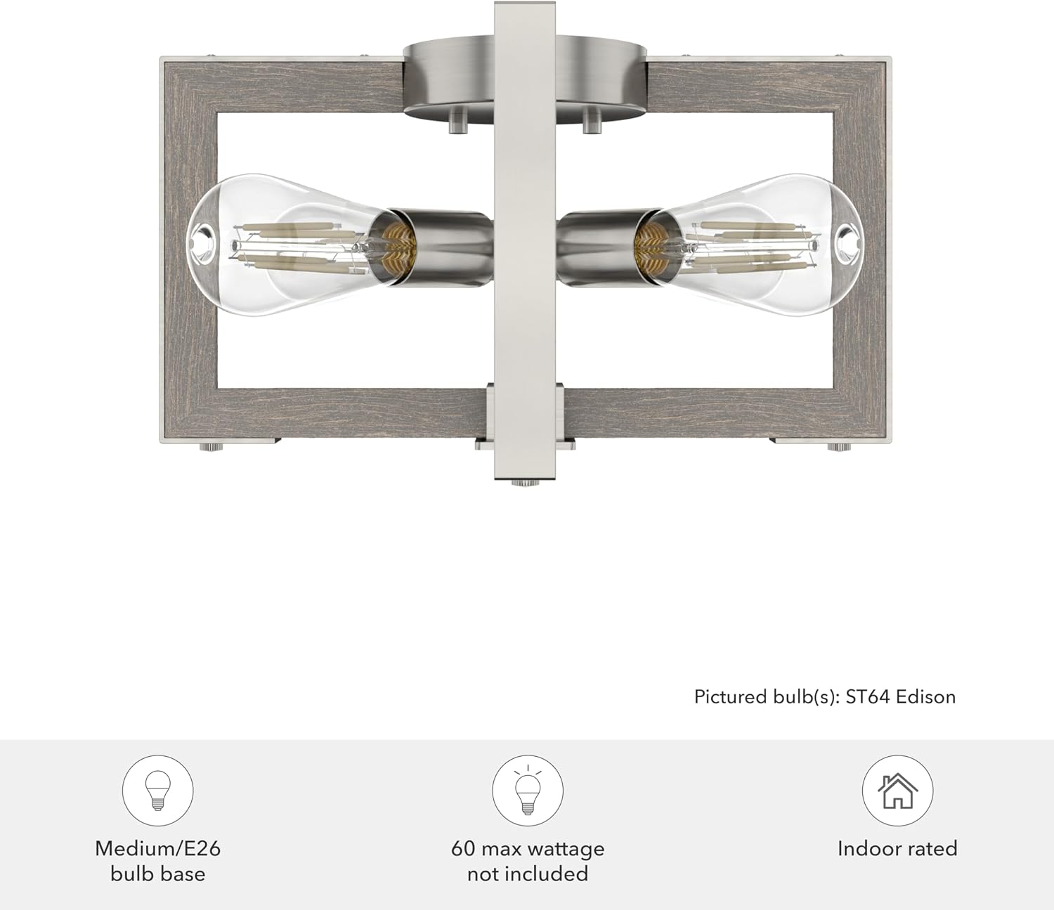 Hunter - Woodburn 4-light Brushed Nickel, Large Flush Mount Light, Dimmable, Modern Style, Square Shaped, for Bedrooms, Kitchens, Dining, Living Rooms - 19817
