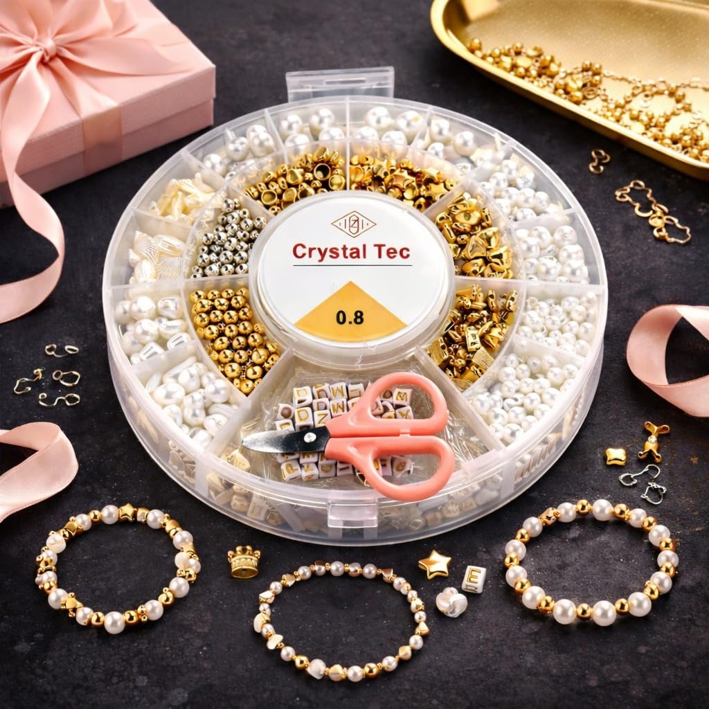 Toy Imagine DIY Bracelet Making Kit for Girls | 20-Compartment Pearl & Gold Beads Jewelry Craft Set with Charms, Alphabet Bead, Scissors & Elastic String | Beads for Bracelet Making | Gift for Girls Ages 7–14