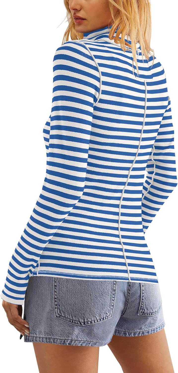 SENSERISE Womens Striped Shirts Long Sleeve Turtleneck Ribbed T Shirt Slim Fitted Lightweight Layer Tops - Image 2