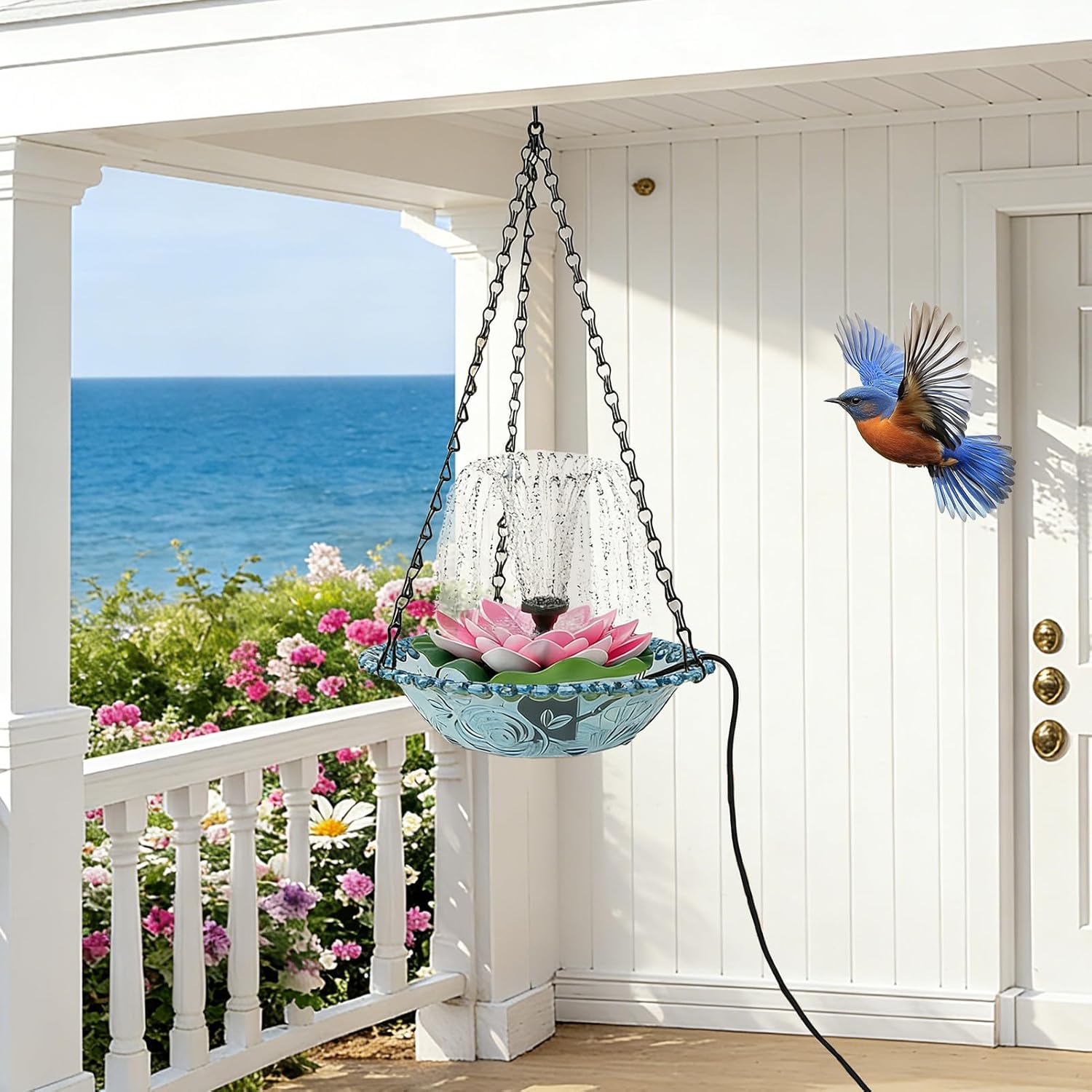 Hanging Bird Bath, 40cm/15.7in Solar Powered Water Fountain Pump Basin Outdoor Hummingbird Feeder Drinking Tray for Garden Yard Patio Decor