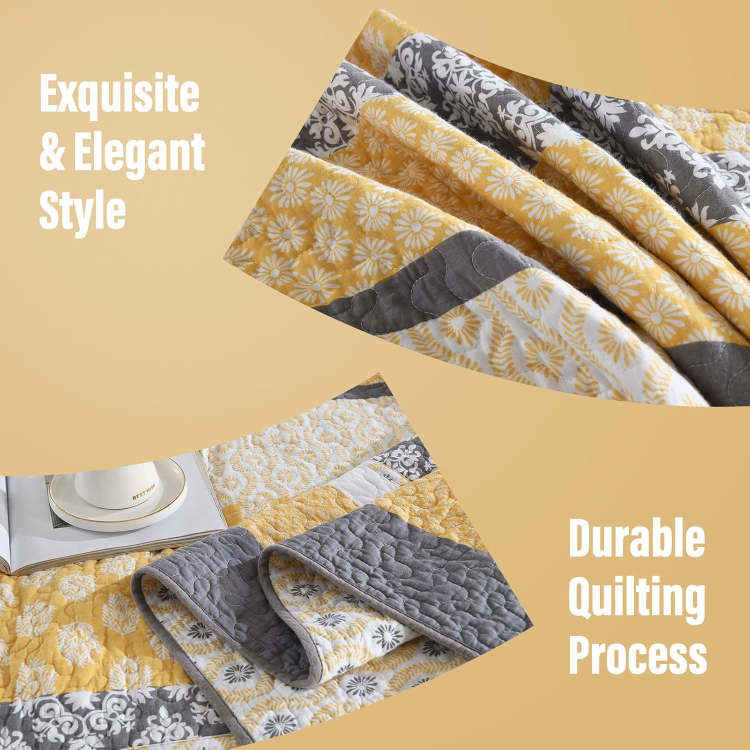 100% Cotton Oversized Queen Bedspread Set - 102"x120" Yellow Striped Quilt with Botanical Pattern, 3 Pieces Farmhouse Bedspread Coverlet, Soft Lightweight Comforter Bedding Set, Yellow/Gray/White