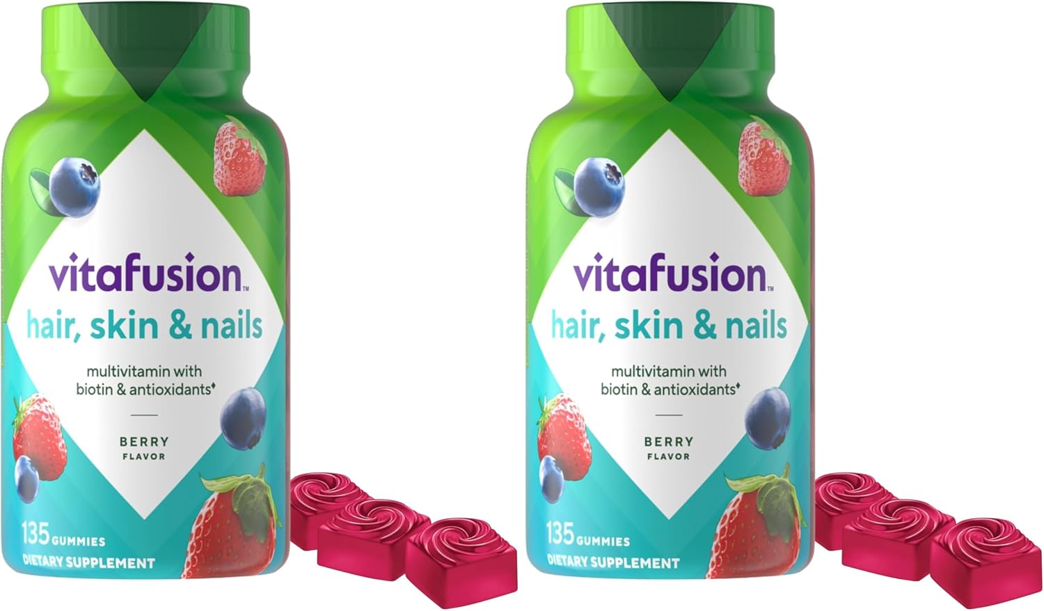 Vitafusion Gorgeous Hair, Skin & Nails Multivitamin Plus Biotin and Antioxidant Vitamins C&E, Raspberry Flavor, 135ct (45 Day Supply), from Americas Number One Gummy Vitamin Brand (Pack of 2)