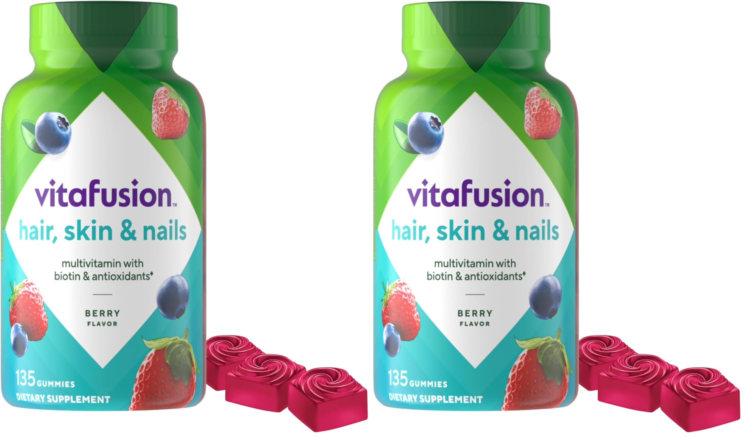 Vitafusion Gorgeous Hair, Skin & Nails Multivitamin Plus Biotin and Antioxidant Vitamins C&E, Raspberry Flavor, 135ct (45 Day Supply), from America’s Number One Gummy Vitamin Brand (Pack of 2)