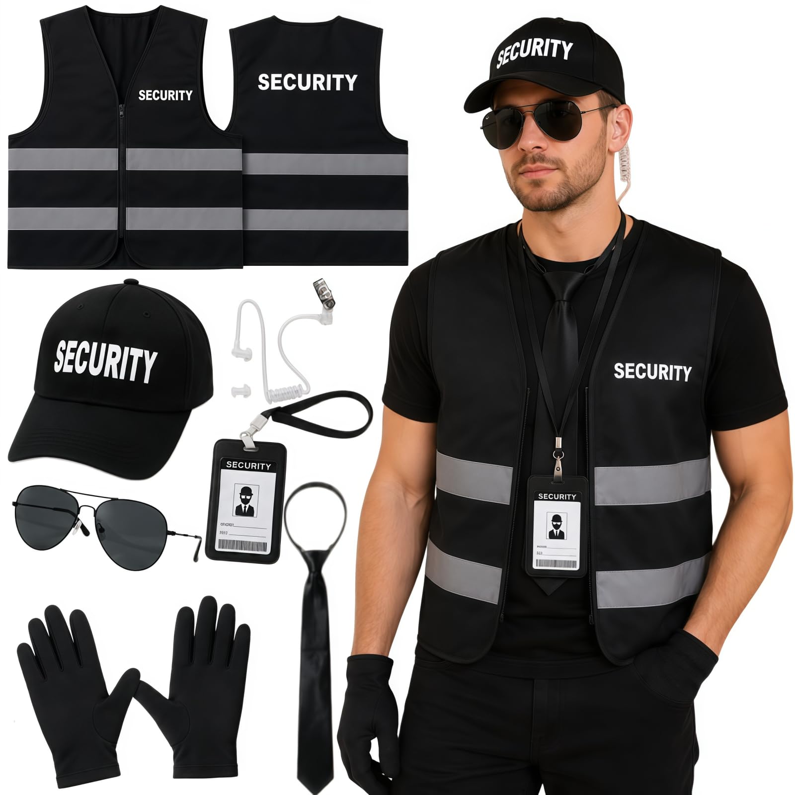 Buyzzus Security Outfit Costume 7Pcs Agent Costume with Vest Hat Glasses Tie Gloves Security Fancy Dress Outfit for Halloween Carnival Cosplay Party
