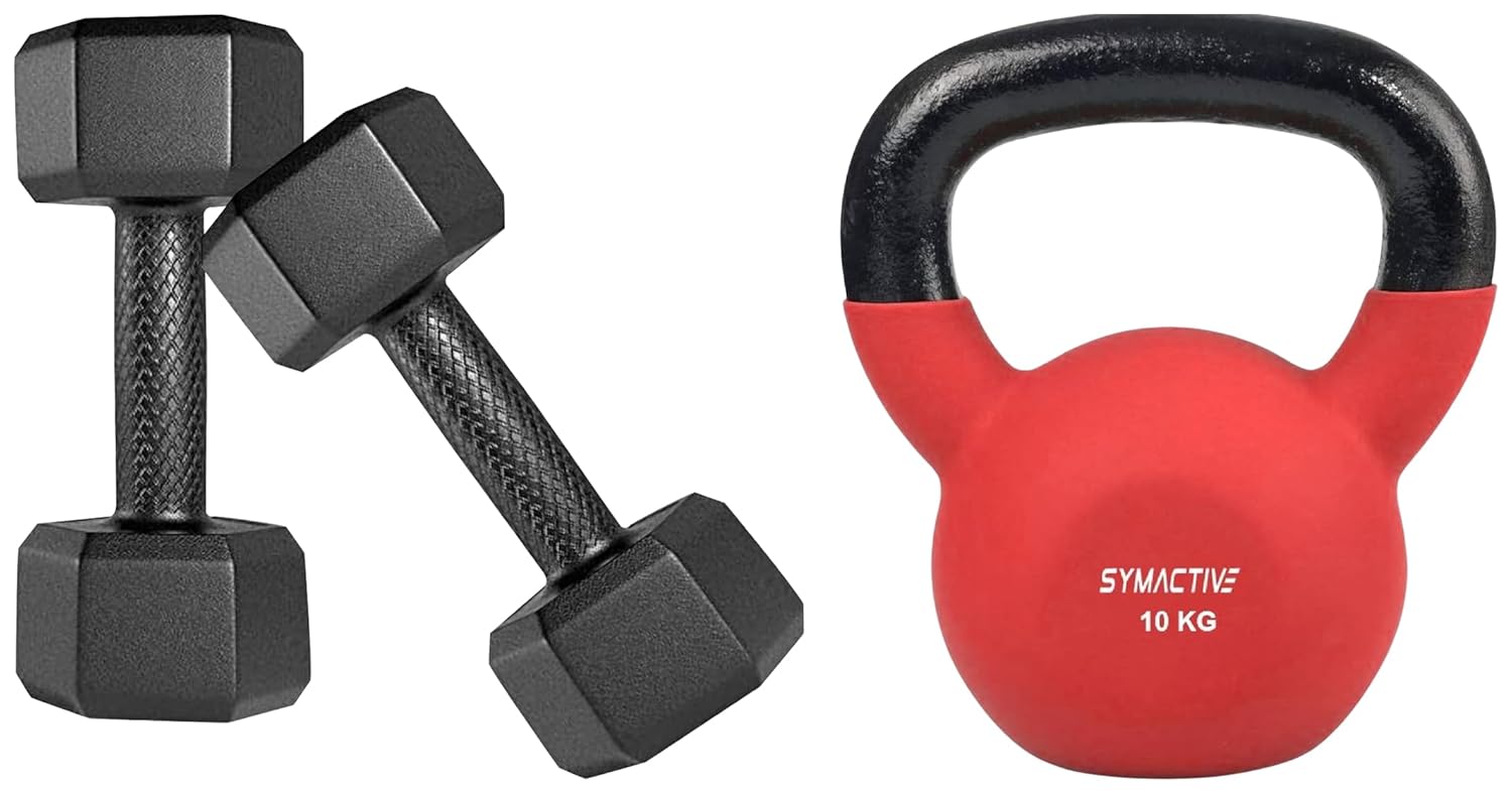 Amazon Brand – Symactive Neoprene Coated Solid Kettlebell for Gym Exercises, 10 Kg & Amazon Brand – Symactive Pvc 6 Kg Fixed Dumbbells Set For Full Body Workout (Set Of 2, 3 Kg) Amazon Brand – Symactive Neoprene Coated Solid Kettlebell for Gym Exercises, 10 Kg & Amazon Brand – Symactive Pvc 6 Kg Fixed Dumbbells Set For Full Body Workout (Set Of 2, 3 Kg)