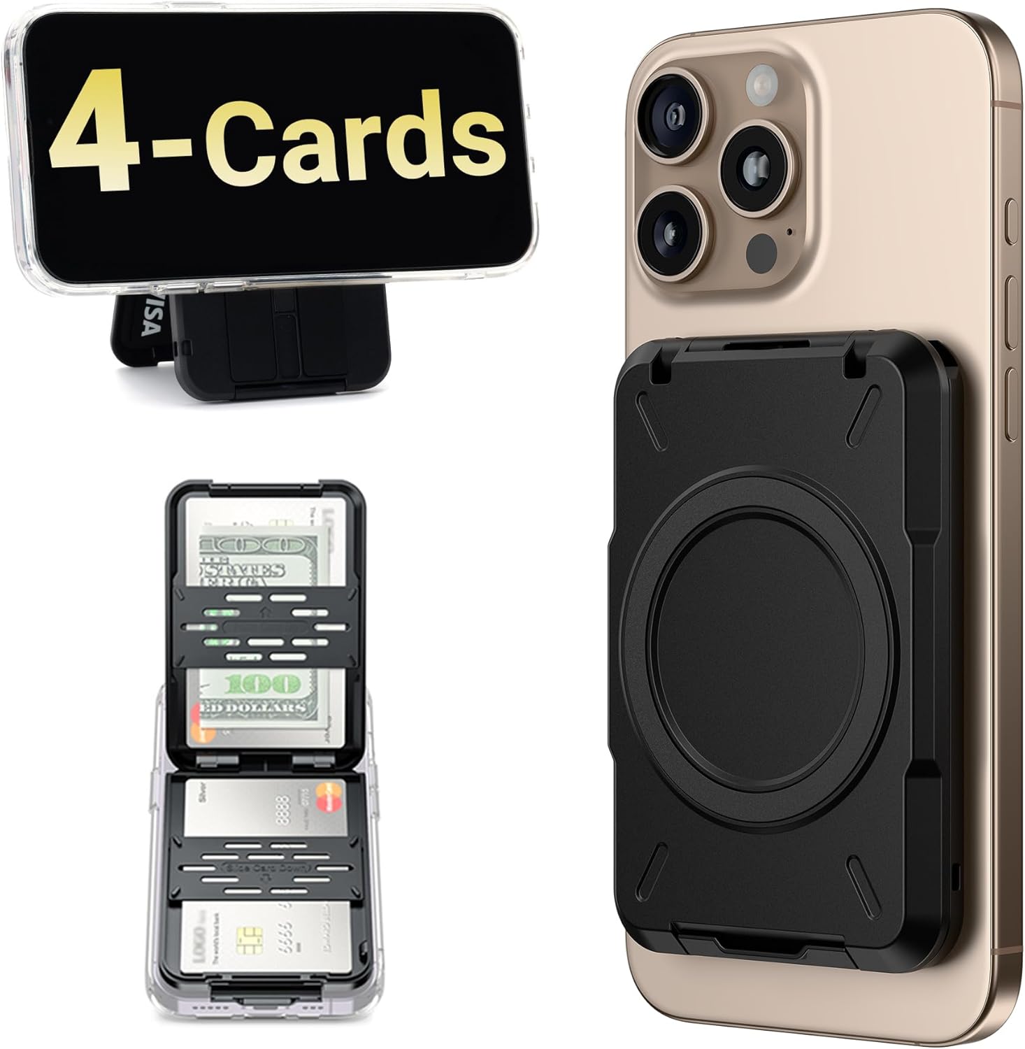 PROfezzion Double Sided Magnetic Phone Wallet, RFID Blocking Snap-on Hard Shell Card Holder 4-Cards Designed for MagSafe Compatible with iPhone 17 16 15 14 13 12 Pro Max & MagSafe Case (0.5" Thick)