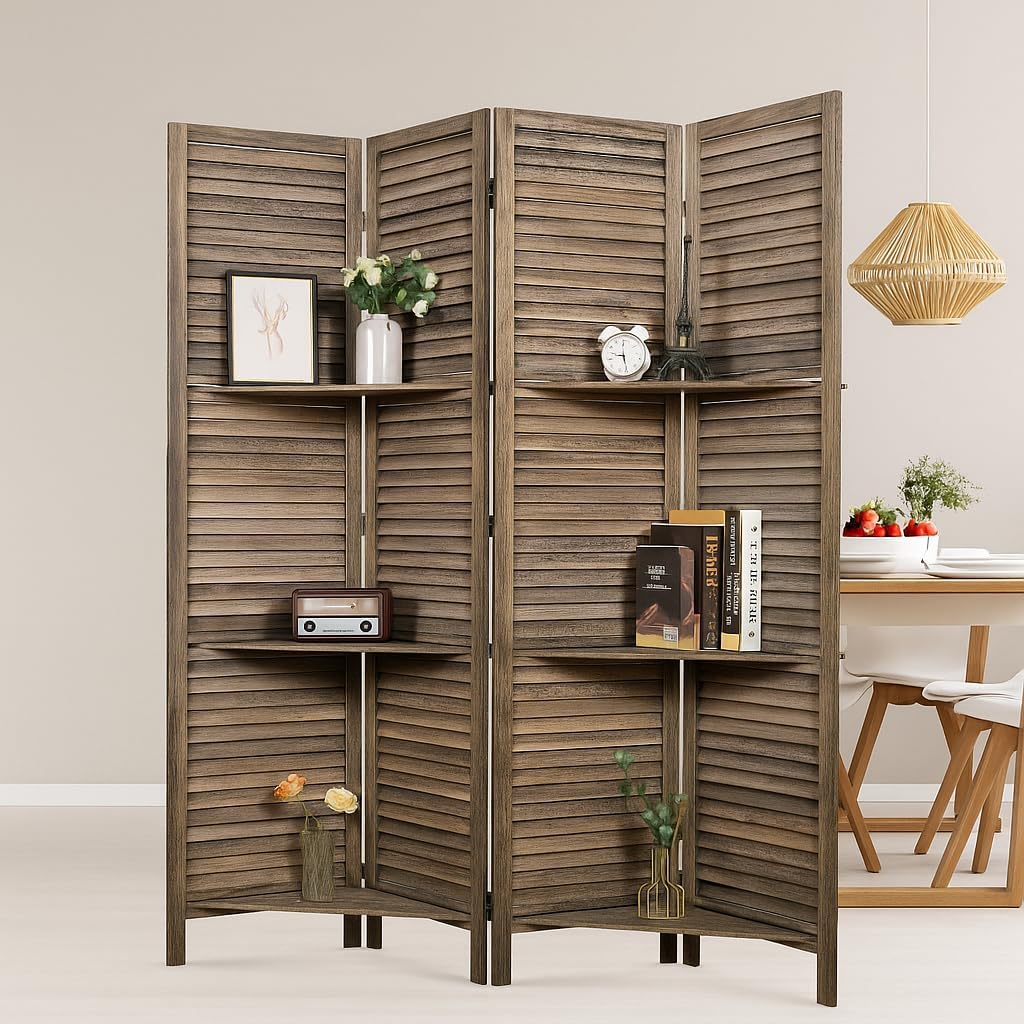 Proman Products Rancho Shelf 4 Panel Room Divider FS17191, Folding Screen, Privacy Screen, Room Partition, Paulownia Wood, (Max Extend with Shelves) 47" W x 11" D x 67" H, Rustic Brown