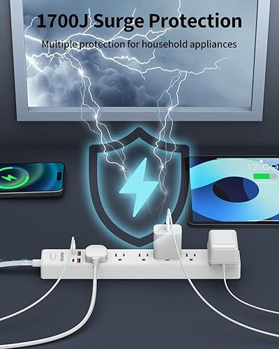 Miniatura 6 de Regleta protectora contra sobretensiones de 10 pies, 7 tomacorrientes, 4 puertos USB (2 USB C), cable de extensión plano ultrafino y enchufe plano,