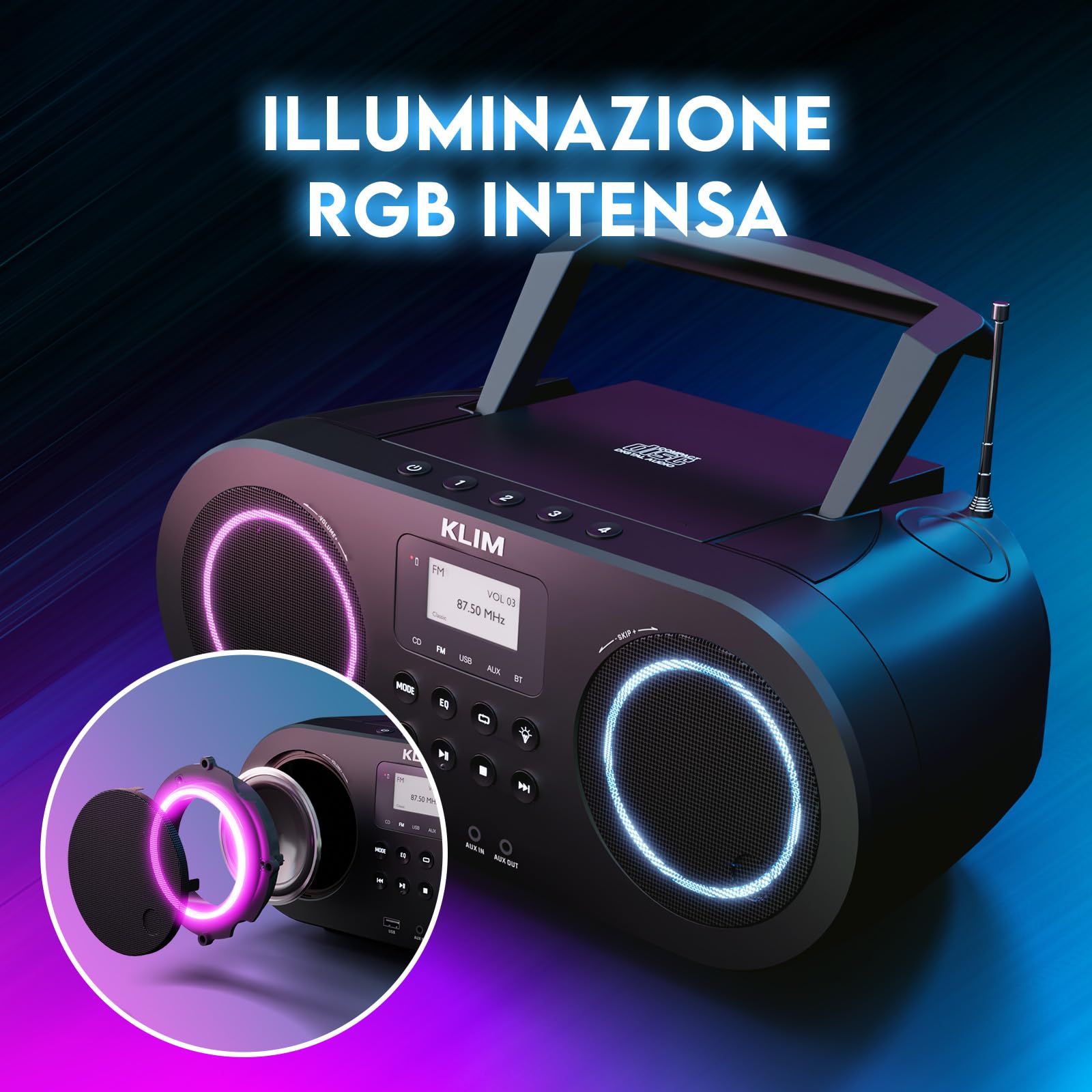 KLIM Lettore CD Stereo Boombox B5 - Radio FM con Lettore CD Bluetooth e USB, AUX, Batteria ricaricabile, Standby automatico, EQ Digitale