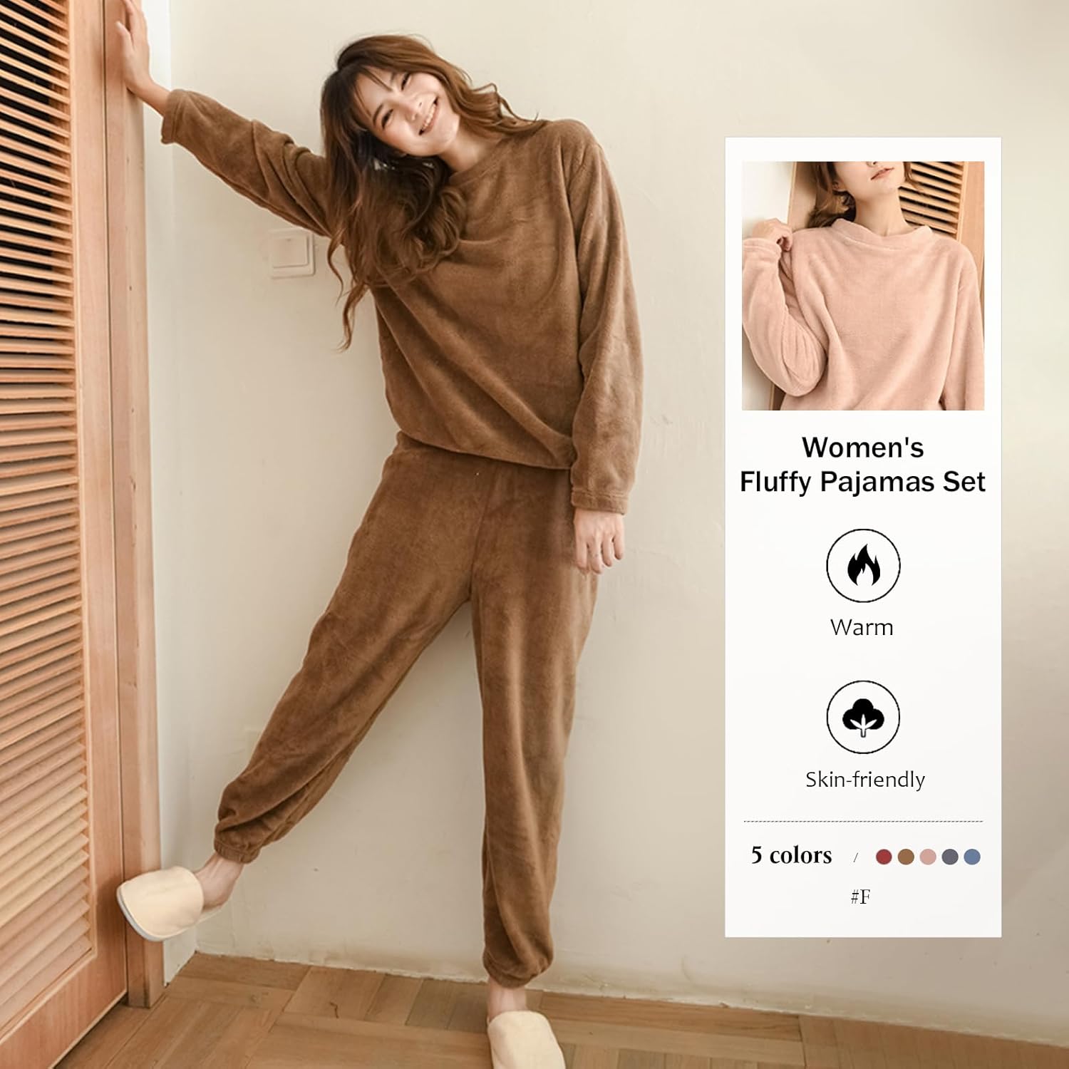 Women's Coral Fleece Pajamas Set - Coral Velvet Fluffy Sleepwear Set with Relaxed Fit, Long Sleeve Top and Pants - Image 2
