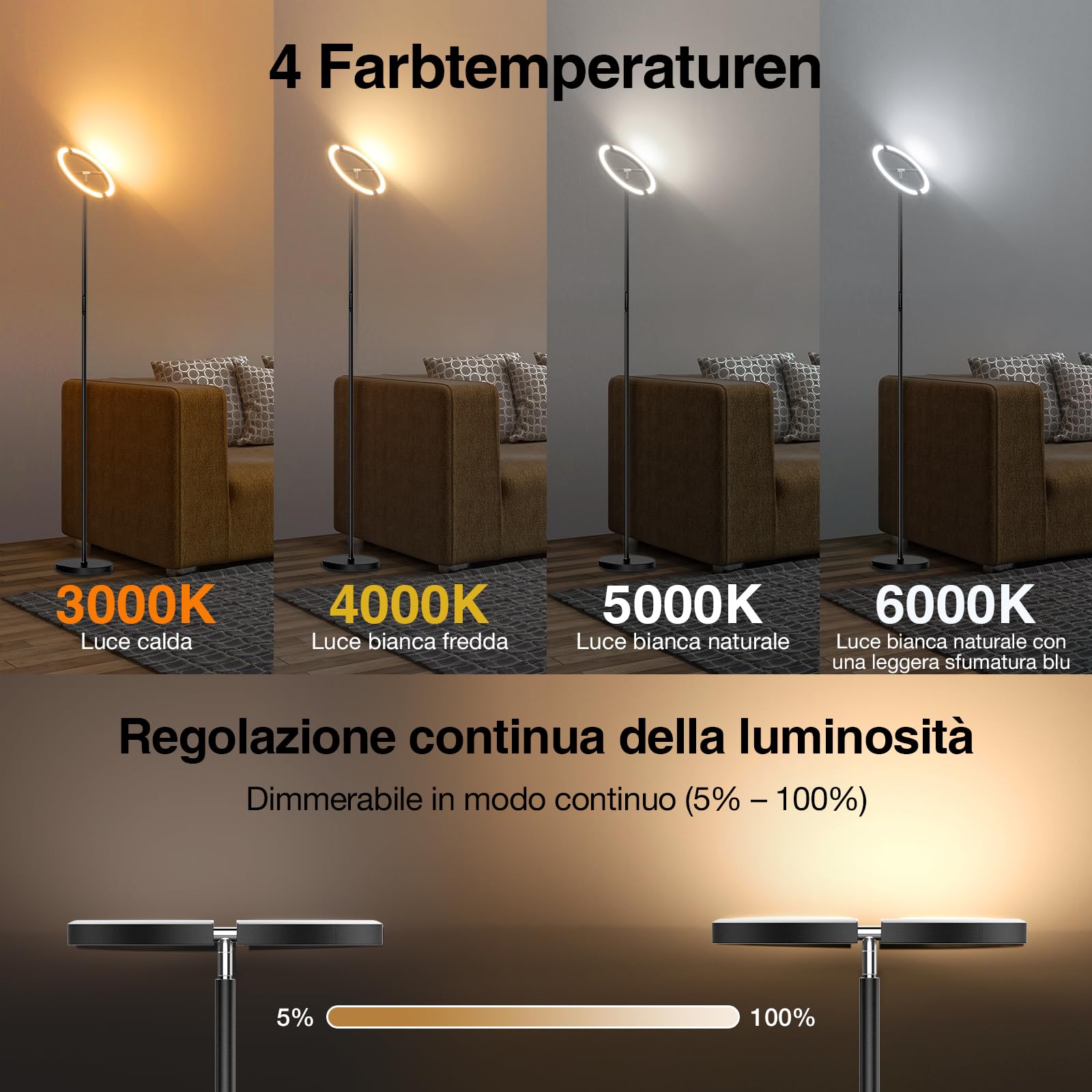 SIBRILLE Lampade da Terra Dimmerabile, Piantana Lampada da Terra 20W 3000K-6000K, Lampada Salotto da Terra 4 Temperature di Colore e Oscuramento Continuo, Piantana con Telecomando e Controllo Tattile