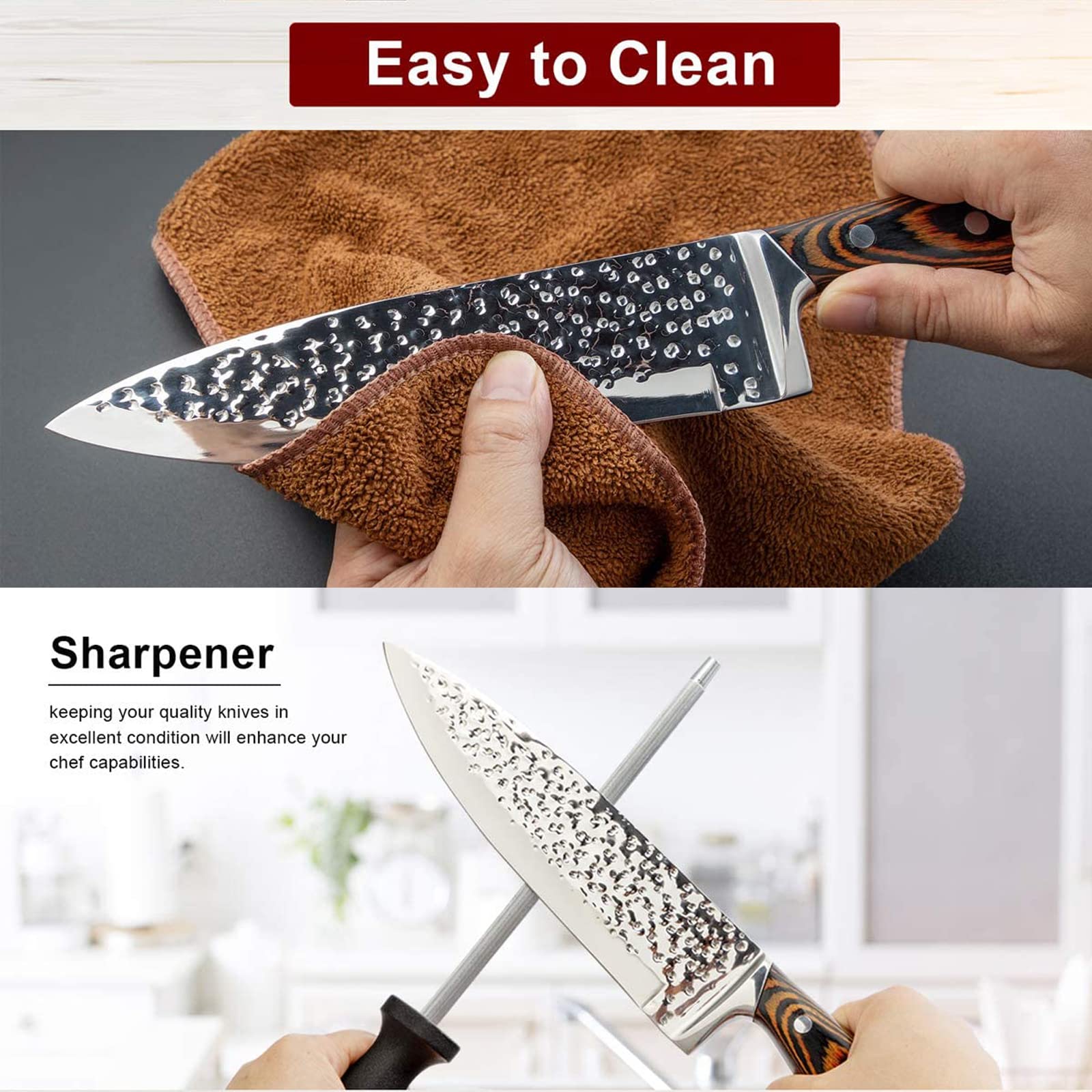 Juego de 15 cuchillos con bloque de madera, autoafilables para cuchillos de chef, de acero inoxidable martillado con alto contenido de carbono con cuchillos de carne (rojo)