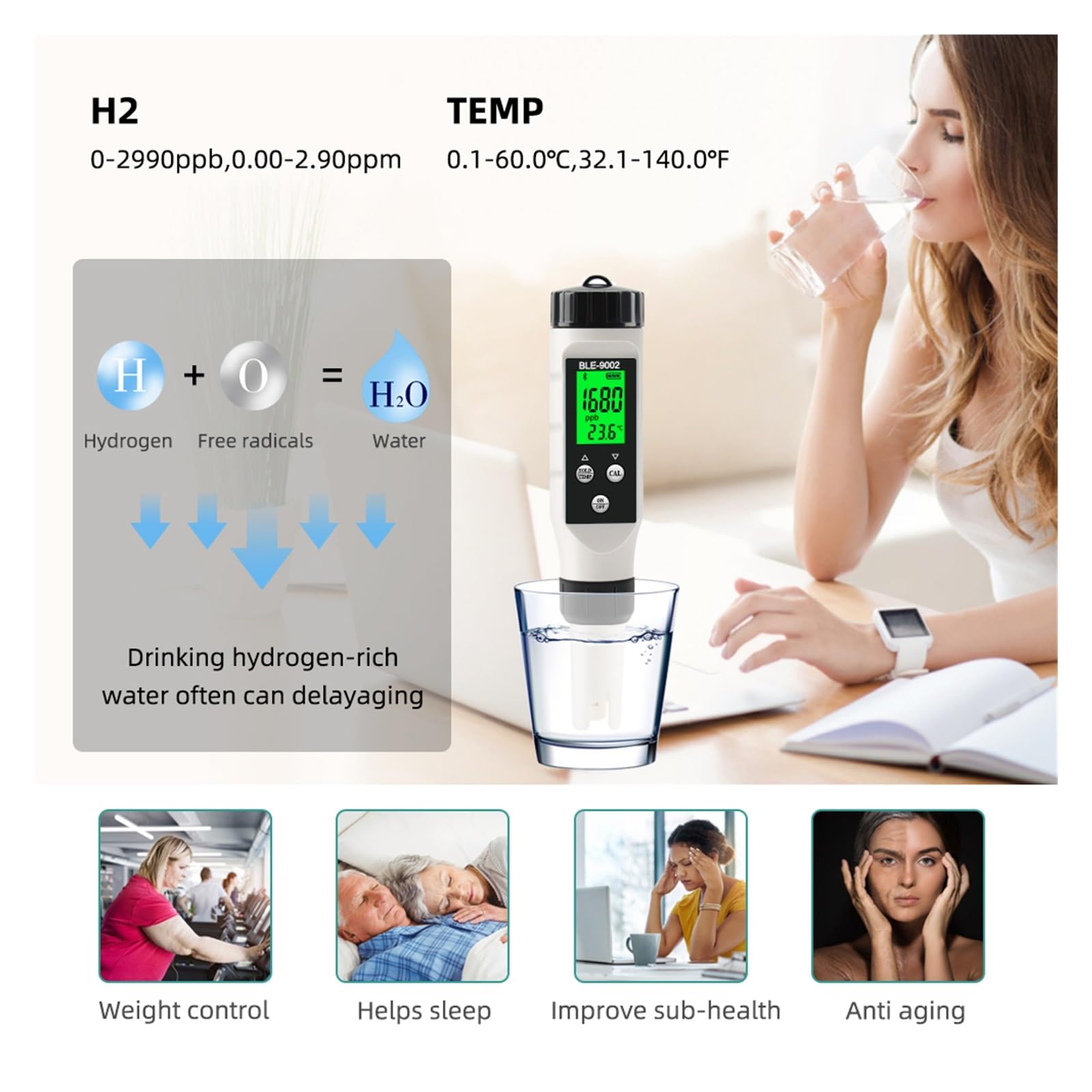 Tester miernika PH, Cyfrowy miernik temperatury H2 bogaty w wodór 0-2990ppb automatyczna kalibracja aplikacja Blue Tooth Online Monitor narzędzie do testowania jakości wody pitnej,Woda pitna, Hydropo