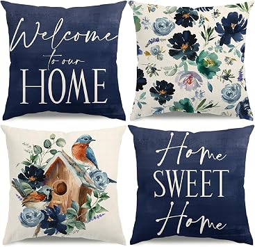 Spring Summer Pillow Covers 18x18 Floral Bird House Spring Summer Decorations Home Sweet Home Blue Throw Pillow Covers Welcome to Our Home Farmhouse Cushion Case for Sofa Couch Set of 4