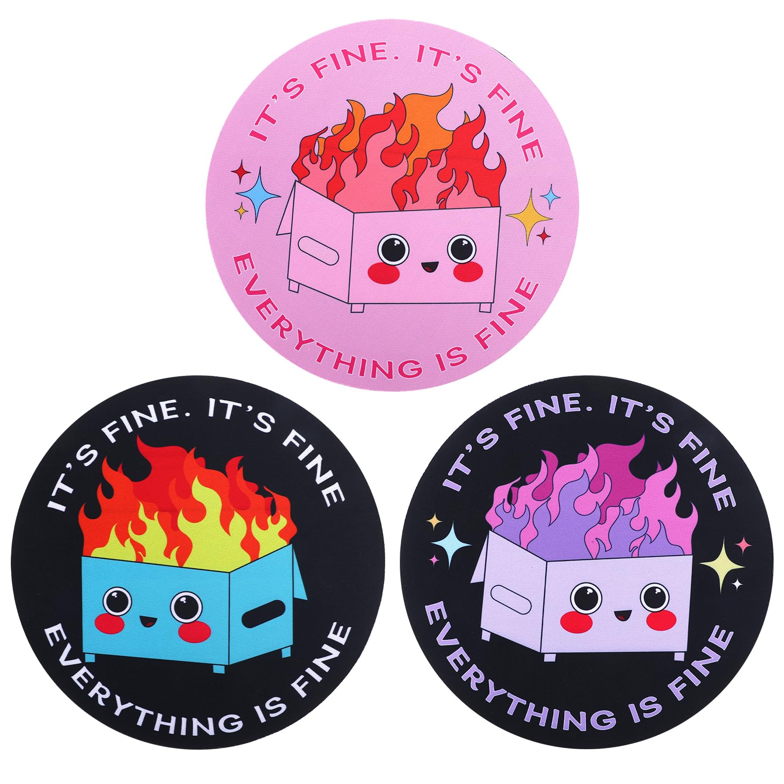 Dimeho 3 PCS Cute Round Mousepad Dumpster on Fire Mouse Pad with Non-Slip Rubber Base Small Computer Mouse Mat Funny Office Supplies Decor for Gaming Laptops Work Home Desk Accessories