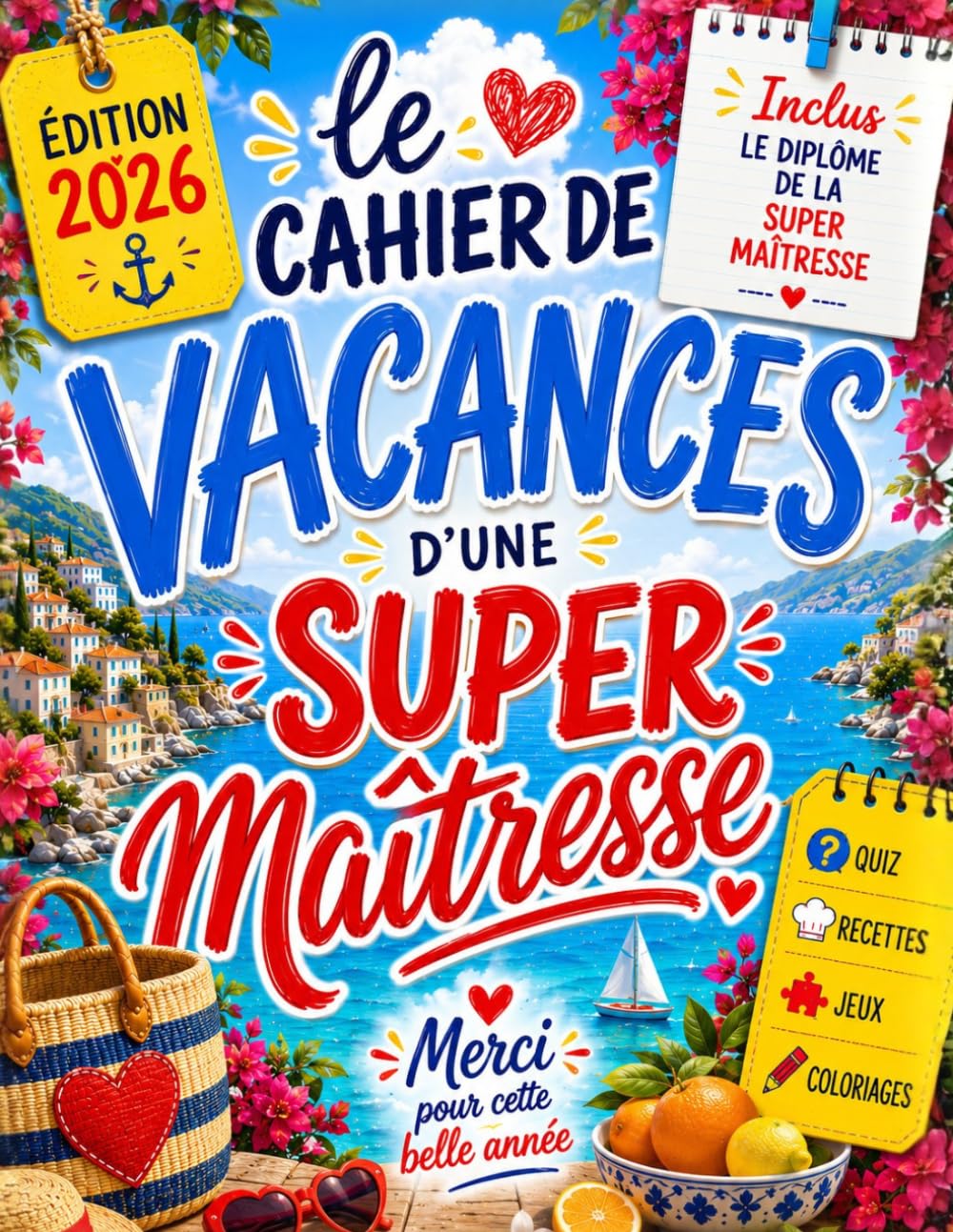 Cahier de Vacances Maîtresse: Idée de Cadeau Remerciement Merci, Original Maîtresse d'École Fin d'Année. Carnet de Multi-Jeux, Activités, Coloriages, ... Recettes, Sudoku, Mots Mêlés, Kakuro, Quiz