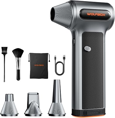 WOLFBOX MF200 Compressed Air Duster with Removable Battery, Super Power Cordless Blower – 3-Speed Adjustable, Long Life Mini Air Duster with 4 Nozzles for Computer Keyboard, Car Cleaning, Outdoor Use