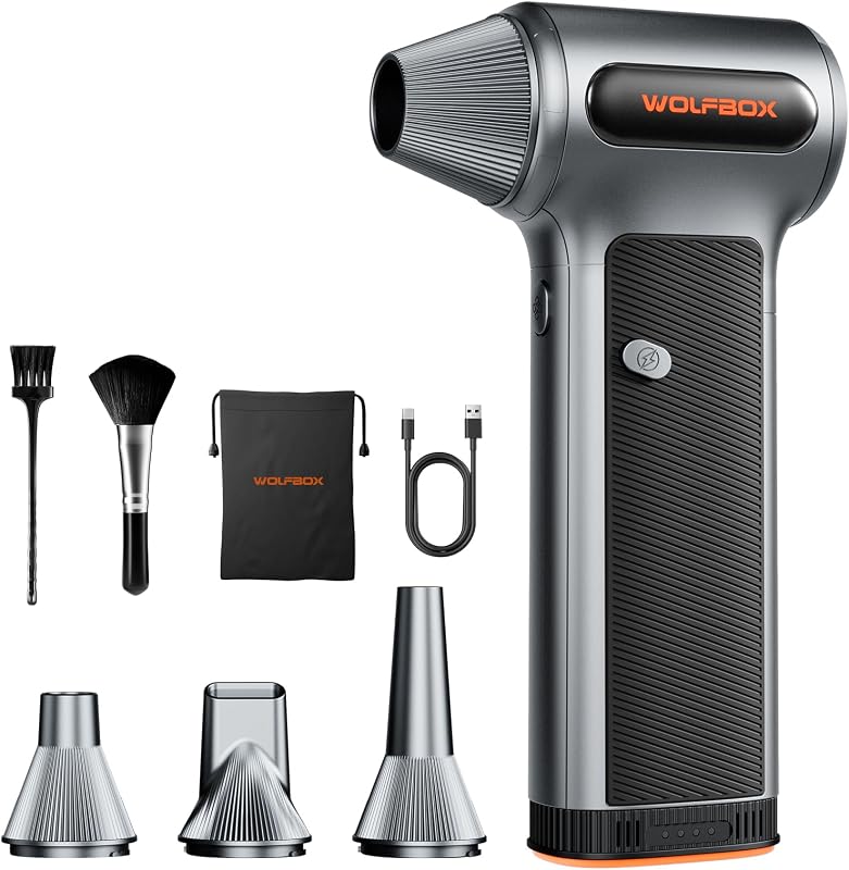 WOLFBOX MF200 Plumero de Aire Comprimido, Batería Extraíble, Limpieza del auto, Hogar | 4 boquillas, inalámbricas, ajustables en 3 velocidades, mini soplador, teclado de computadora, uso en exteriores, portátil de 0,85 lb, 2 cepillos