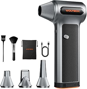 WOLFBOX MF200 Electric Air Duster with Removable Battery &amp; 4 Nozzles, Cordless 3-Speed Adjustable Mini Blower for Computer Keyboard, Car Cleaning, Home, and Outdoor Use