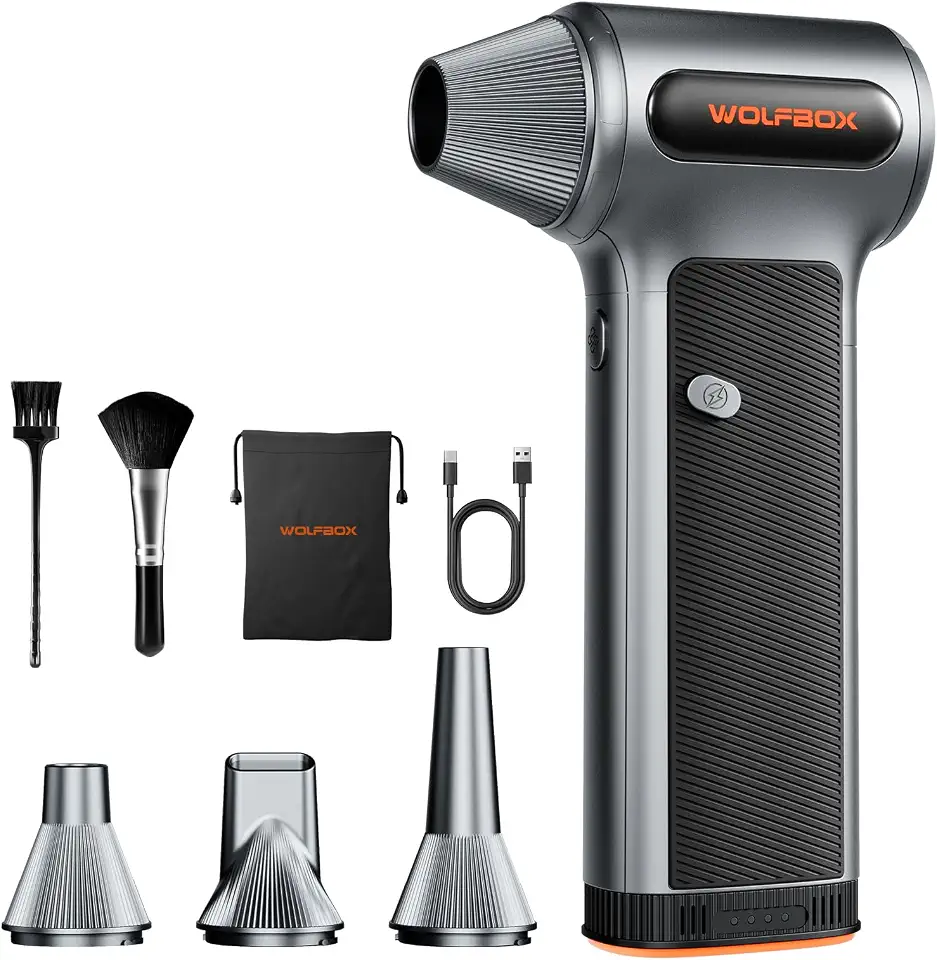 WOLFBOX MF200 Compressed Air Duster with Removable Battery, Super Power Cordless Blower - 3-Speed Adjustable, Long Life Mini Air Duster with 4 Nozzles for Computer Keyboard, Car Cleaning, Outdoor Use