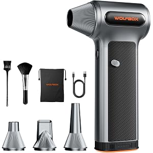 WOLFBOX MF200 Compressed Air Duster with Removable Battery & 4 Nozzles, Cordless 3-Speed Adjustable Mini Blower for Computer Keyboard, Car Cleaning, Home, and Outdoor Use