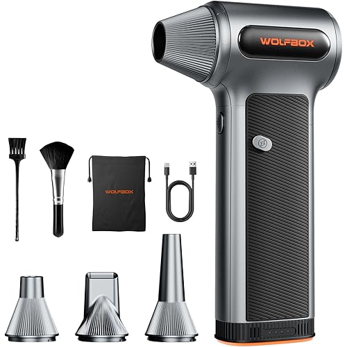 WOLFBOX MF200 Compressed Air Duster with Removable Battery & 4 Nozzles, Cordless 3-Speed Adjustable Mini Blower for Computer Keyboard, Car Cleaning, Home, and Outdoor Use