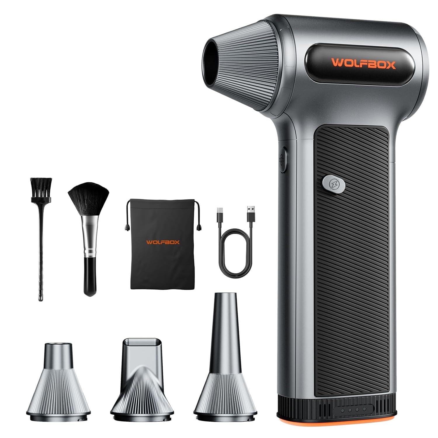 WOLFBOX MF200 Compressed Air Duster with Removable Battery 4 Nozzles Cordless 3-Speed Adjustable Mini Blower for Computer Keyboard
