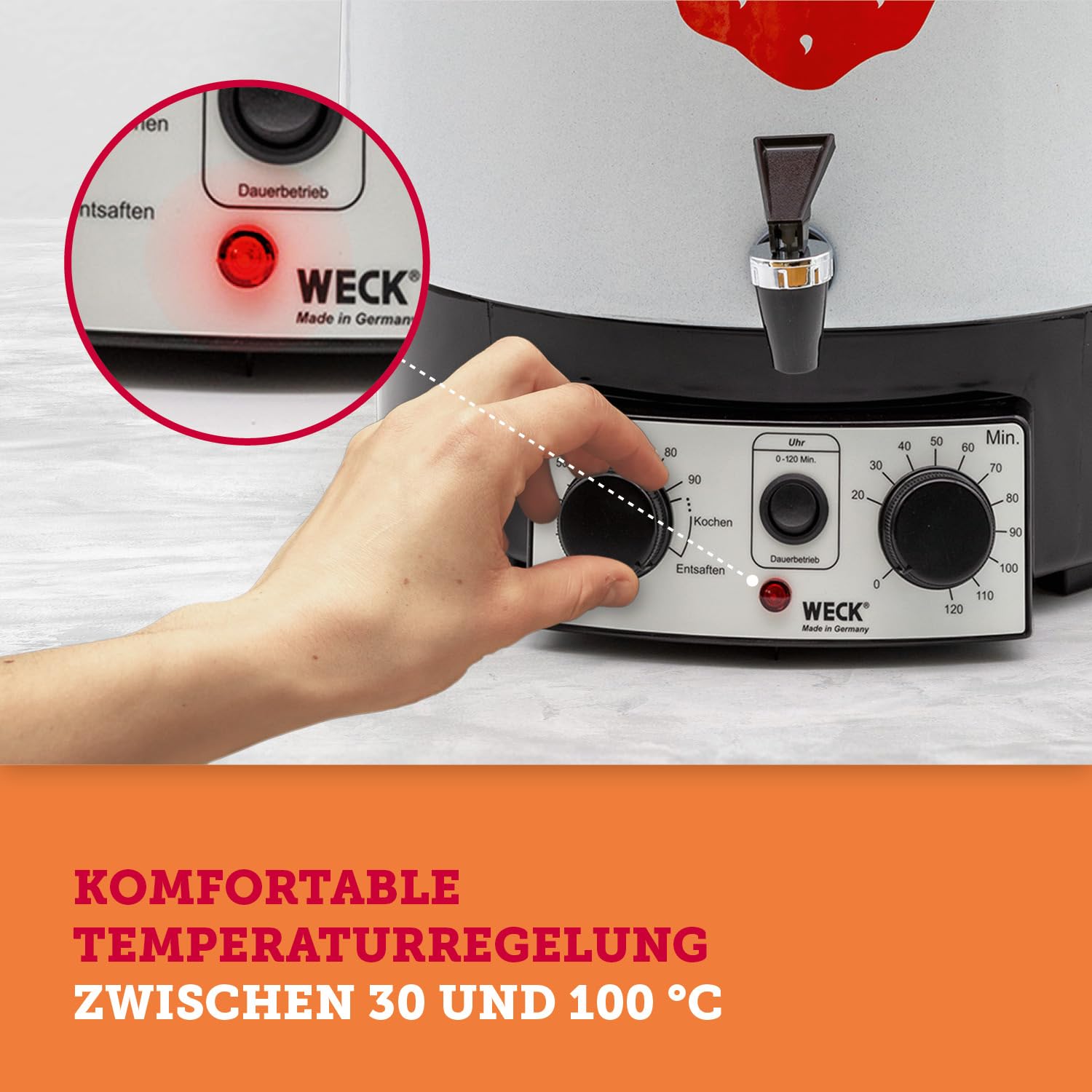 WECK Einkochautomat WAT15-A Emaille mit Präzisionsthermostat, Auslaufhahn & Zeitschaltuhr – 29L Einkochtopf, Glühweinkocher, Dampfentsafter, Einweckautomat – Made in Germany