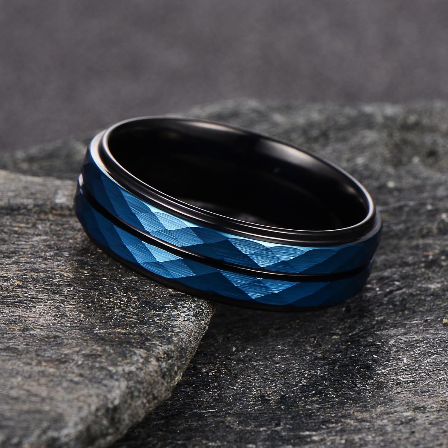 | Faceted Rail Band - 8mm Wide Black Tungsten Wedding Ring with Blue Texture - Image 5