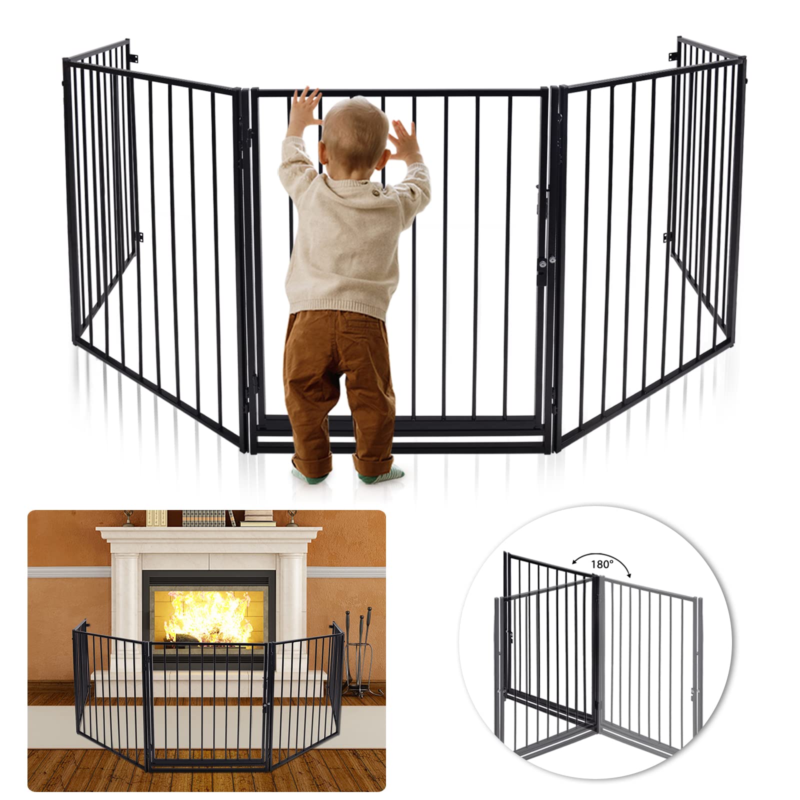 LARS360 - Griglia di protezione per camino, con porta di sicurezza in metallo, 5 elementi, griglia di protezione per porte, pieghevole, griglia di configurazione, 60 x 76 cm, lunghezza totale 305 cm
