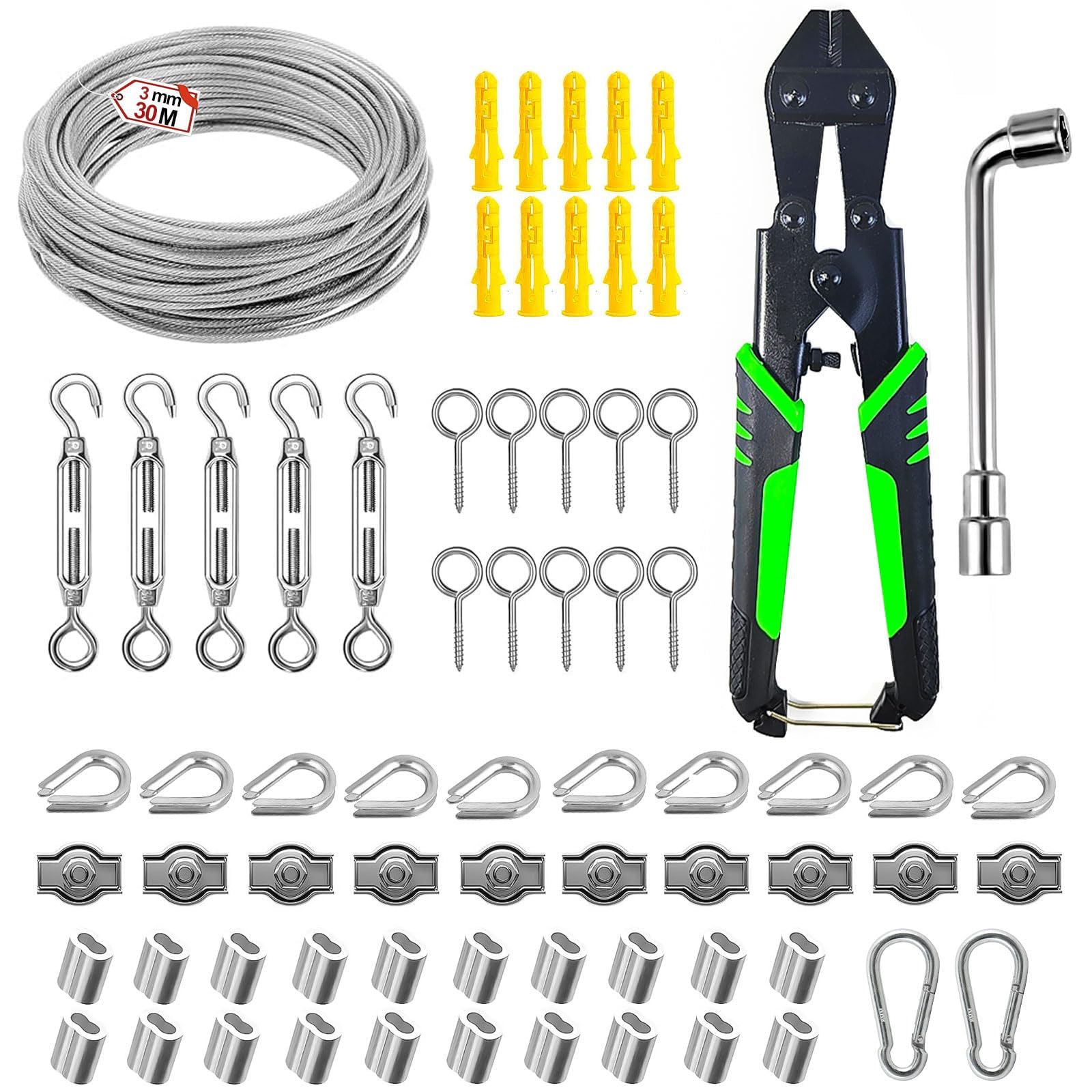 70 Pezzi Set di Cavo Acciaio Inossidabile 3mm, Kit Filo per Stendere il Bucato da Esterno, Cavetto Acciaio Inox 30m con Tenditore M5 e Accessori, Filo d'Acciaio per Balcone & Piante Rampicanti