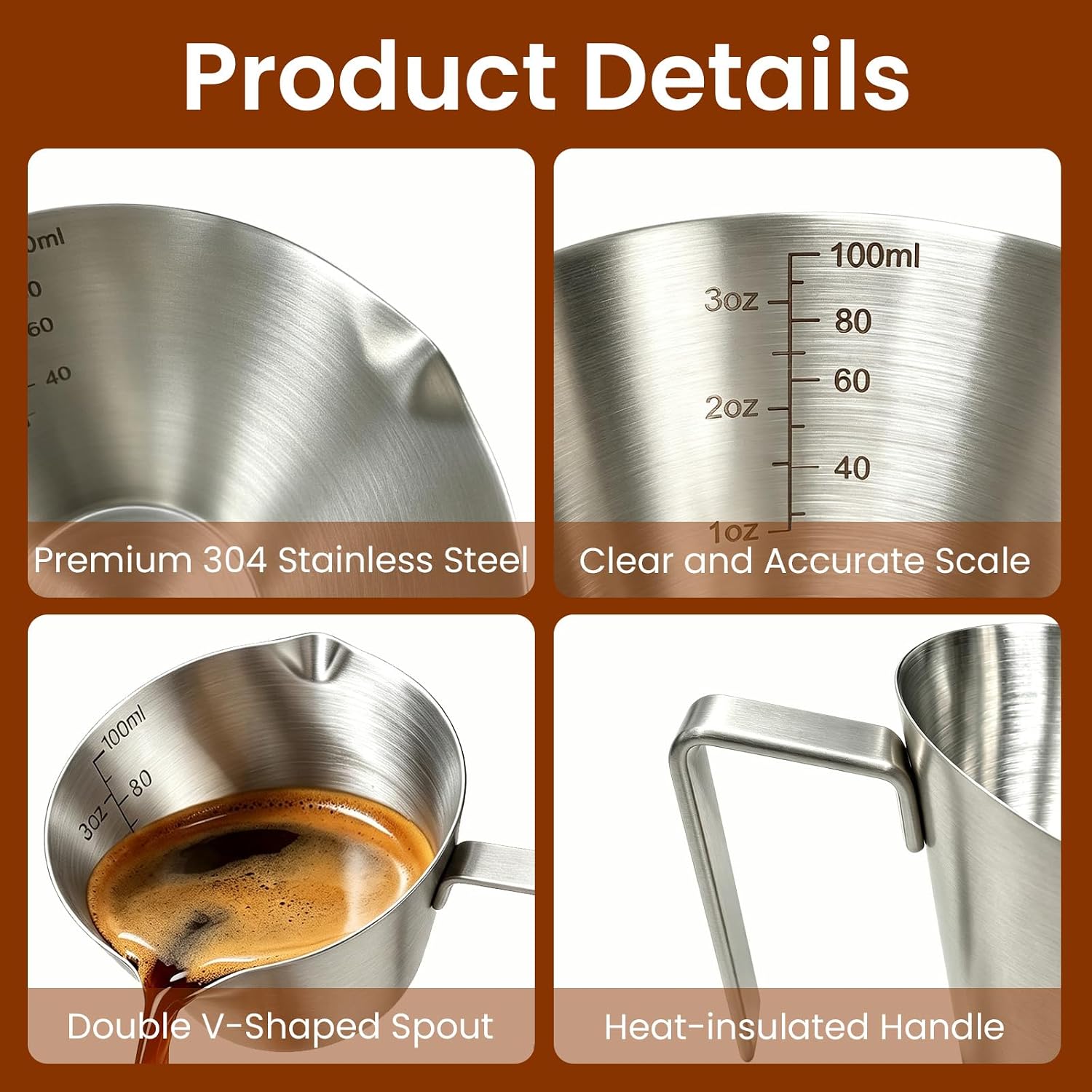3 Pc Stainless Steel Espresso Shot Cups, 3.4oz/100ml, Silver image 4