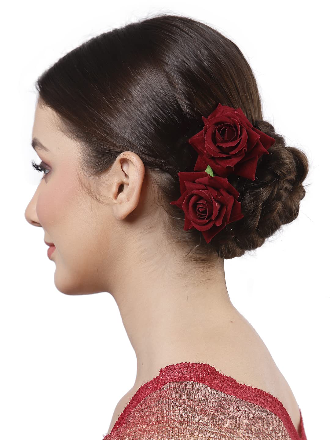 Vogue Hair Accessories Light Weight Rose Flower Bun Maker Juda Pins Hair Accessories (Maroon Set -2)