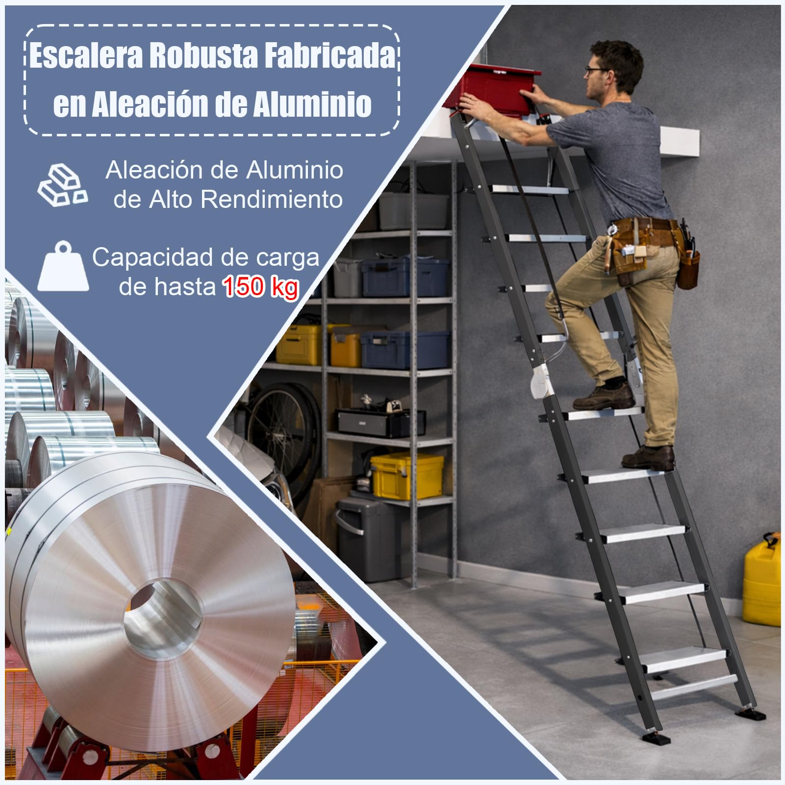 Plegable Escalera de Buhardilla con Pasamanos y Ganchos, 11 Peldaños Antideslizante Escalera para Altillo Apta para Techos de 2,7 a 3 m de Altura, Capacidad de Carga de 150kg