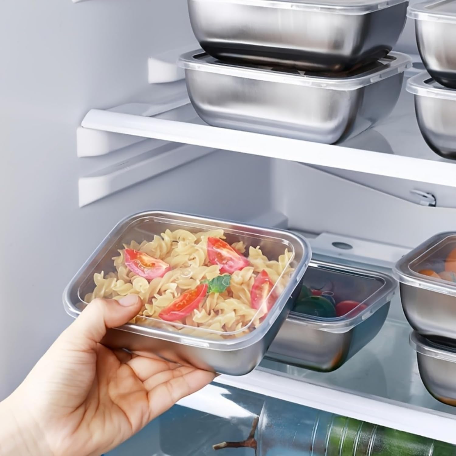 Pacote com 5 recipientes de armazenamento de alimentos de aço inoxidável com tampas transparentes para organização de geladeira, recipientes de cozinha empilháveis para preparação de refeições Pacote com 5 recipientes de armazenamento de alimentos de aço inoxidável com tampas transparentes para organização de geladeira, recipientes de cozinha empilháveis para preparação de refeições