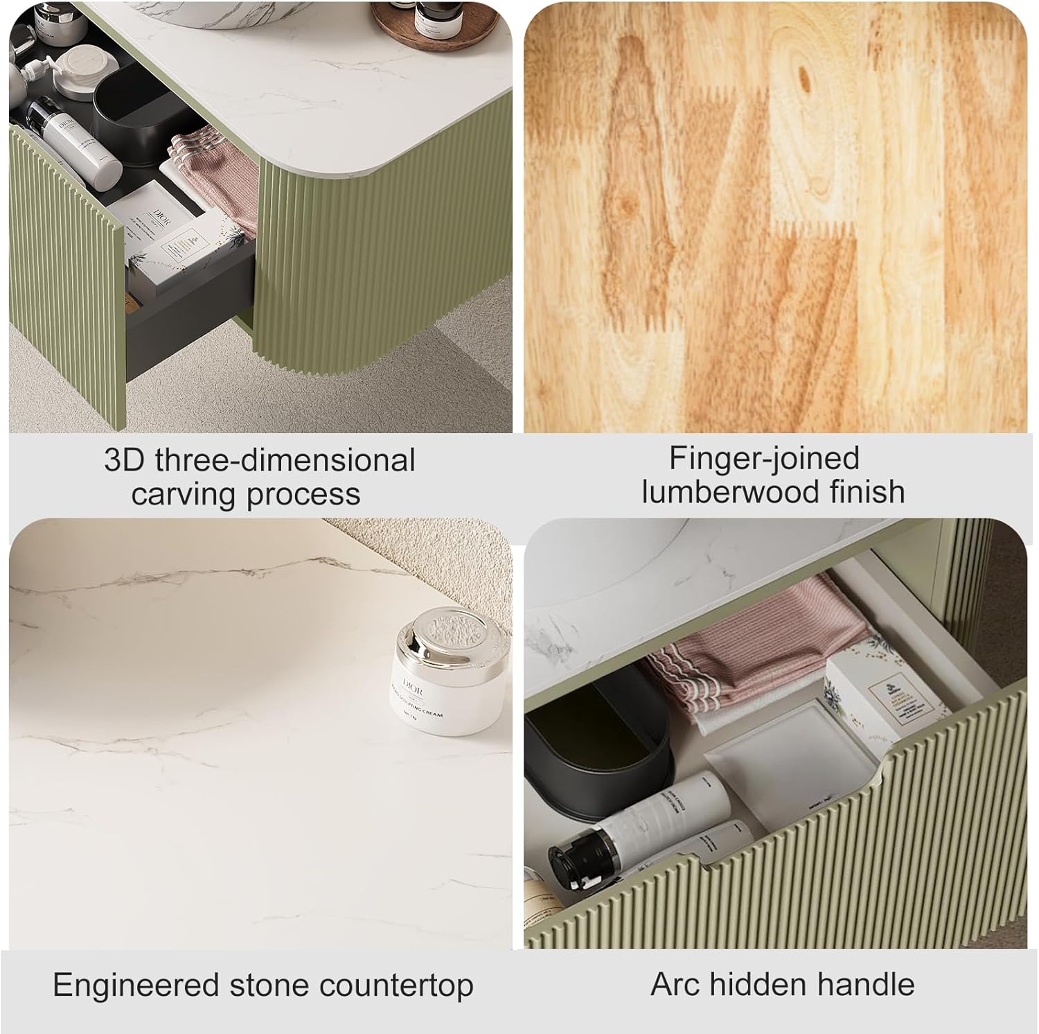 30" Floating Bathroom Vanity with Sink, Solid Wood Modern Bathroom Vanities with Black Rectangular Ceramic Basin and Marble Top, Soft-Close Drawer, Pre-Assembled Cabinet, Light Green
