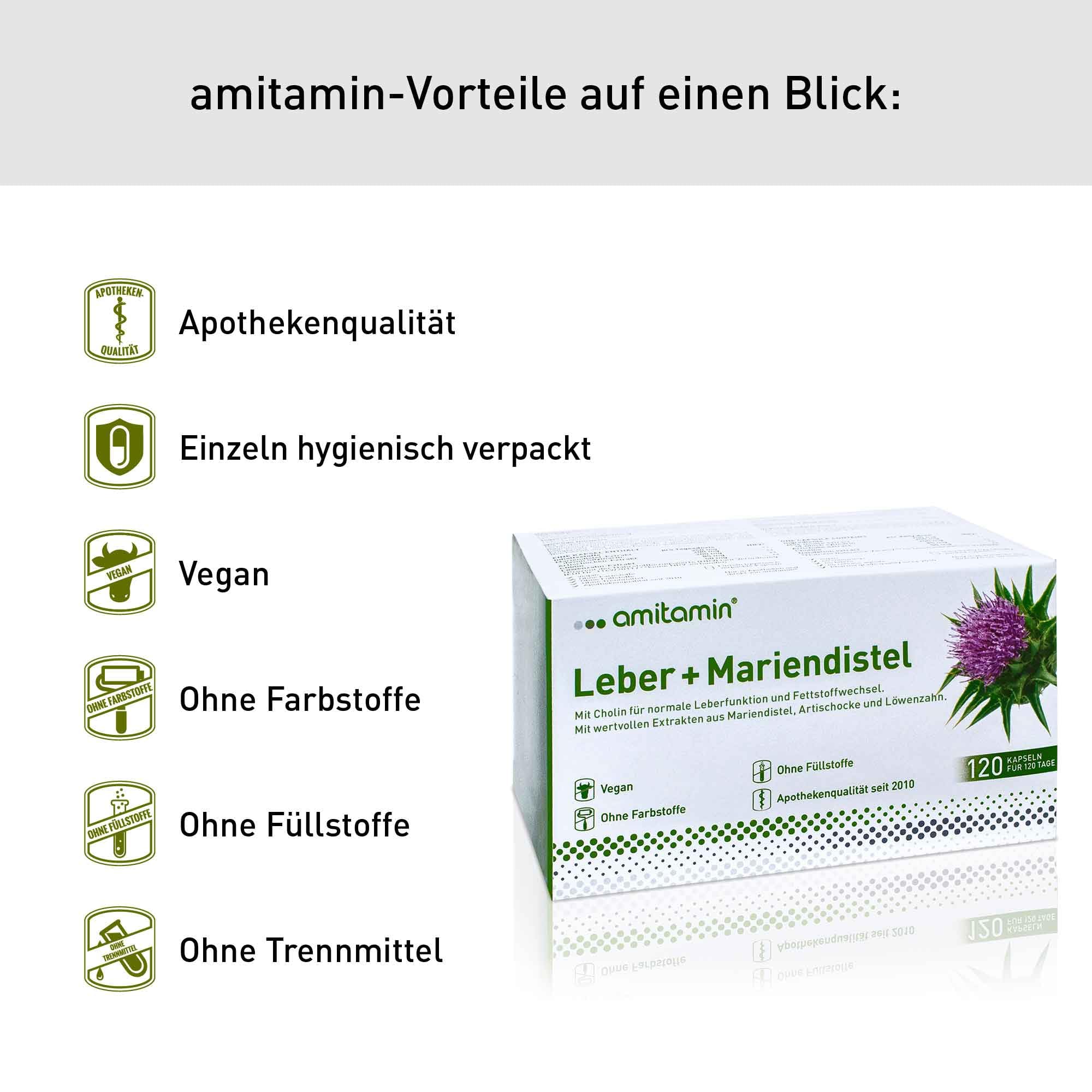 amitamin Leber + Mariendistel Komplex | Kapseln hochdosiert | Artischocke, Löwenzahn plus Cholin für den Stoffwechsel | 120 Kapseln - 4 Monate | Silymaringehalt 80% | deutsche Herstellung | vegan