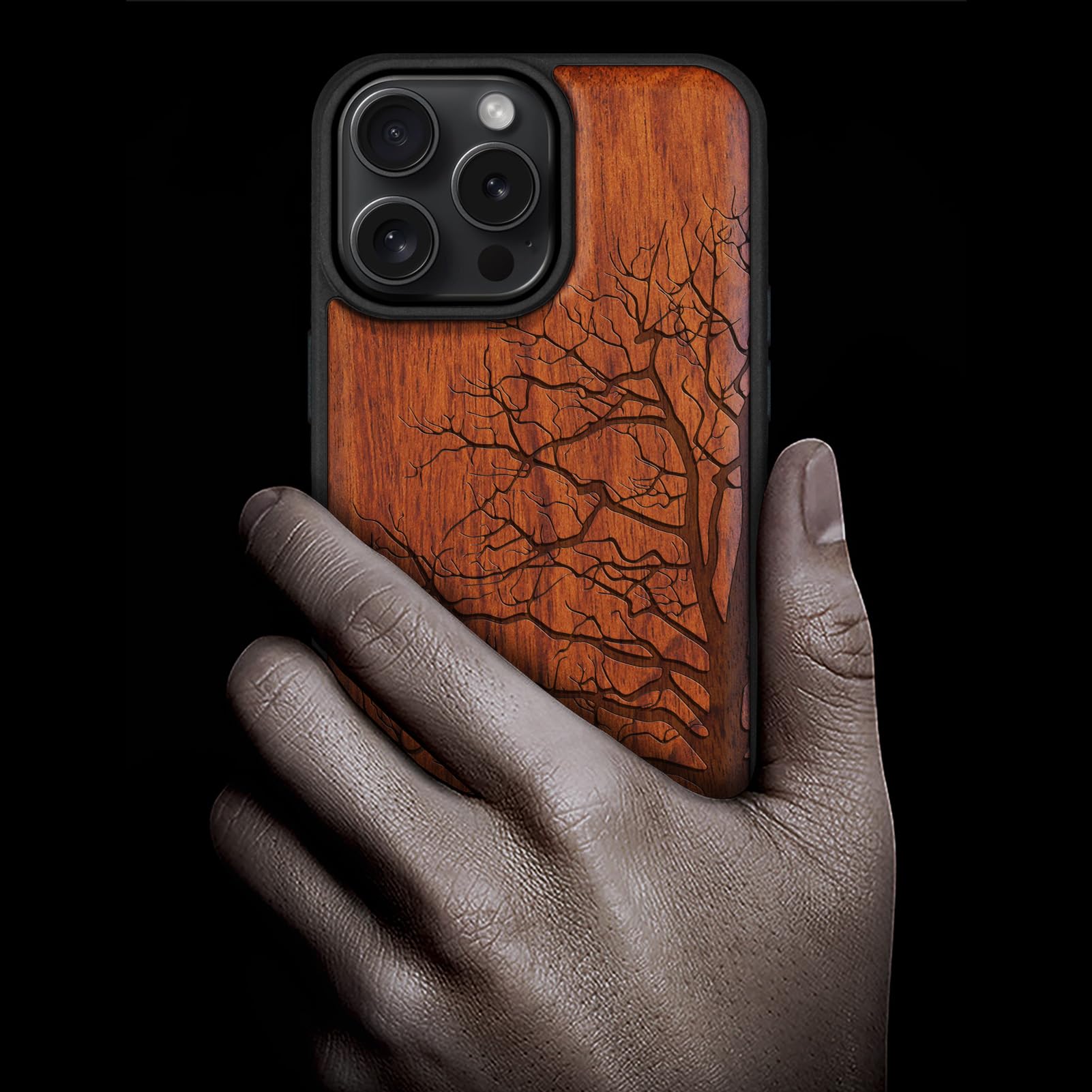 Carveit Magnetic Wooden Case for iPhone 16 Pro Max (Eternal Tree, Red Wood), Solid Wood & Black Soft TPU - Image 2