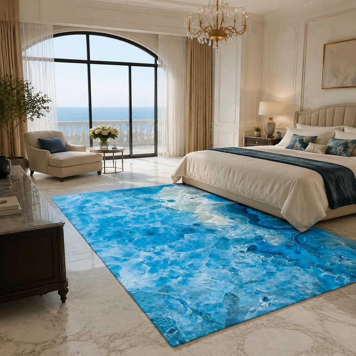 Tapis Salon Lavable Petite Taille Motif Abstrait, Bleu, 180x180 cm (Carré)