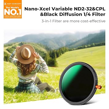 K&F Concept 82mm Siyah Difüzyon Sis Etkisi 1/4 ve Değişken ND2-32 (1-5 Durak) ve Dairesel Polarize Filtre CPL-in 1 HD Lens Filtresi Kamera Lensleri için 28 Çok Kaplamalı (Nano-X Serisi)