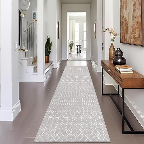 Miniatura 6 de Beeiva Alfombra marroquí vintage de 2 x 8 pulgadas, parte trasera antideslizante, resistente a las manchas, gris, geométrica, para pasillo, cocina,