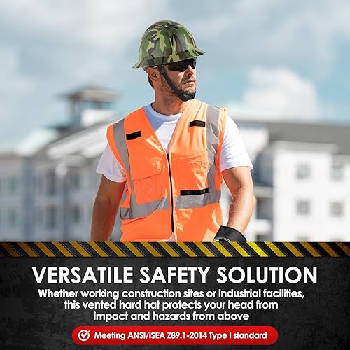 Miniatura 7 de Casco duro de ala completa HDPE, casco de seguridad de construcción con orificios ventilados, suspensión de trinquete ajustable de 6 puntos, cumple