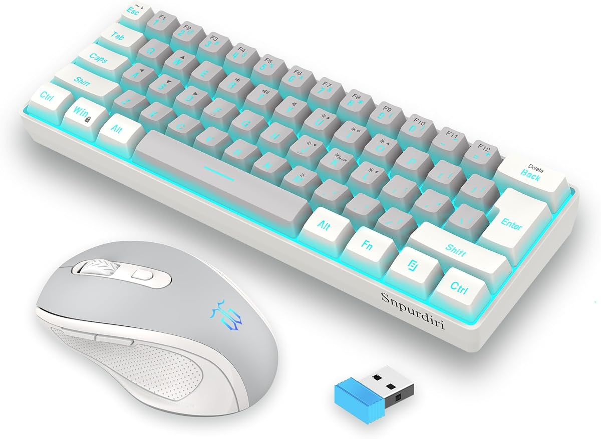 2.4G 60% Wireless Gaming Keyboard and Mouse Combo (White-Grey) | Include Mini Wireless Gaming Keyboard, Ergonomic Vertical Feel Small Wireless Mouse