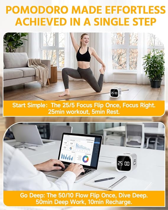 HAUSPROFI Pomodoro Timer Cube, 5/10/25/50 Min Preset & Custom Modes, Focus Timer & ADHD Aids, Kids & Adults, Silent/Sound Option, Gravity Sensor Flip, White