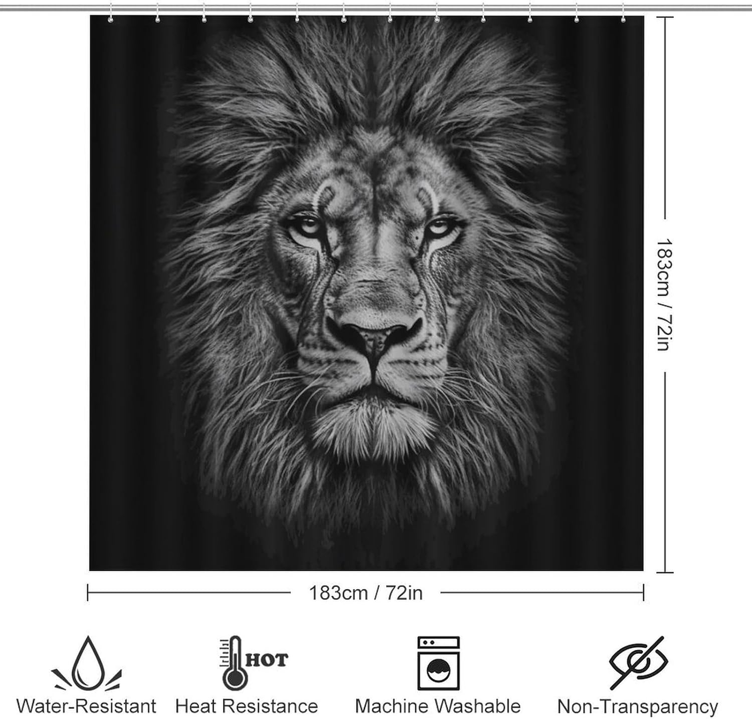Black and White Lion Head Shower Curtain Set 4 Piece, Non-Slip Bath Mat with Toilet Lid Cover and Waterproof Shower Curtain with 12 Hooks, Complete Bathroom Set for Home Decor